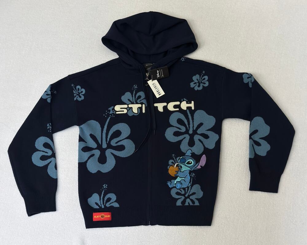 Disney Her Universe Stitch Hibiscus Full Zip Knit Hoodie Sweater NWT Large